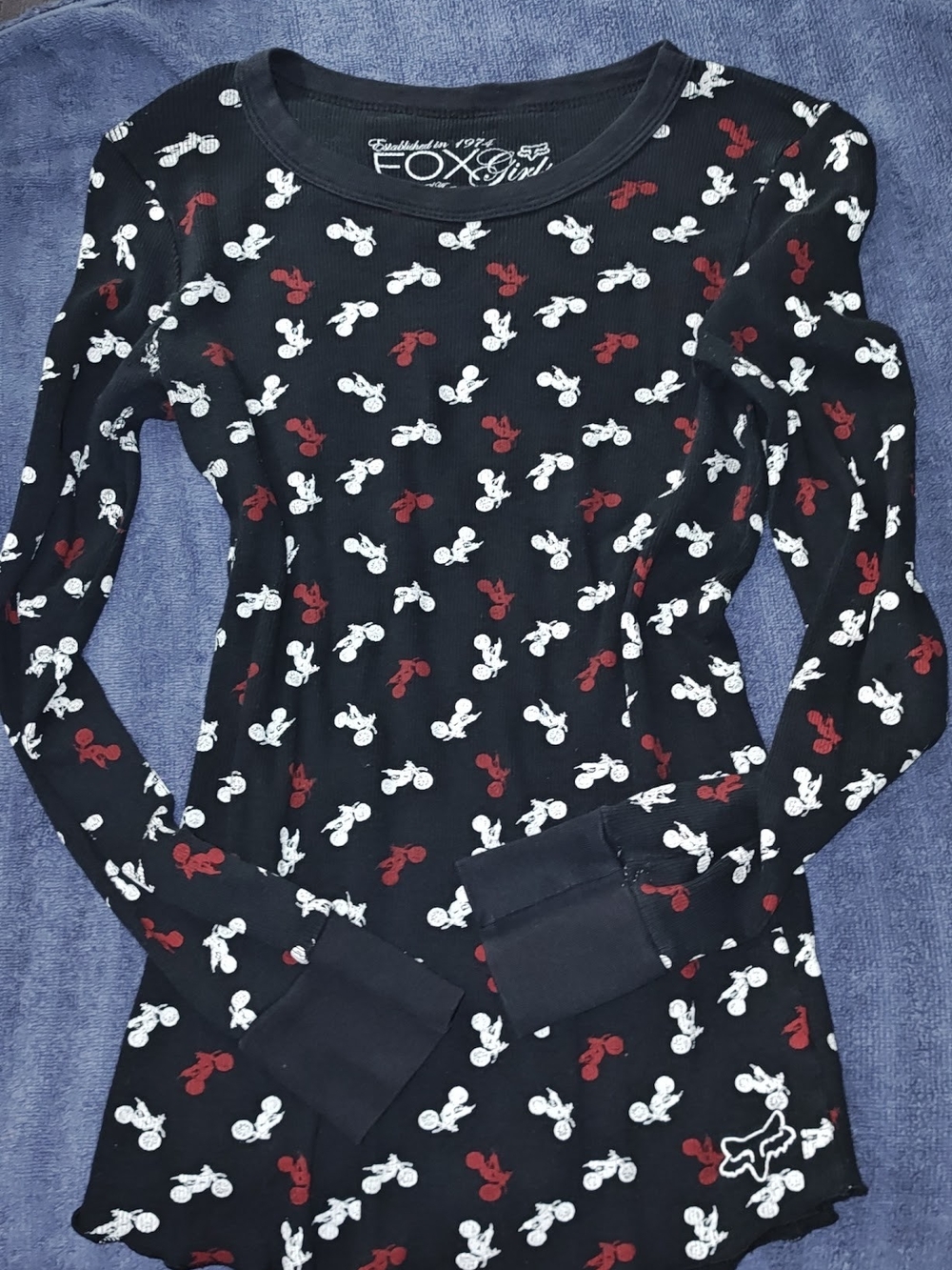 Vintage Fox Black Long-Sleeve Thermal Tee with Red & White Dirtbike Print Y2K